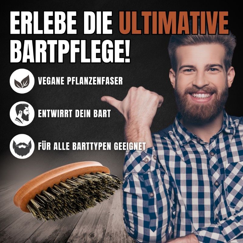 Werbebild mit Bartbürste und Mann. Text: "Erlebe die ultimative Bartpflege!" mit Icons für vegane Pflanzenfaser, Bartentwirrung und Barttypen.