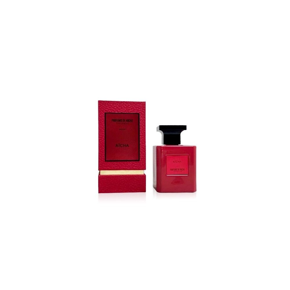 Rote Parfümflasche mit schwarzem Verschluss und passender Schatulle.