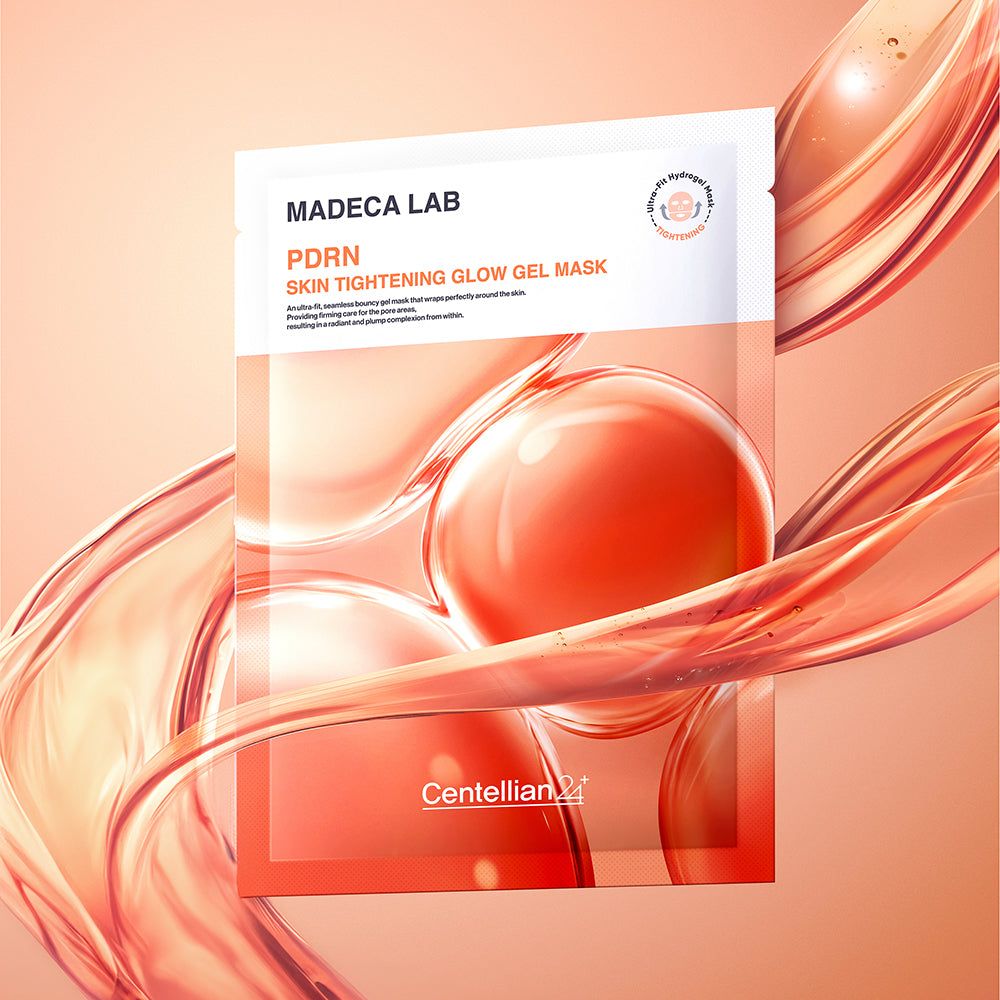 Verpackung der Madeca Lab PDRN Skin Tightening Glow Gel Mask mit fließendem Design.