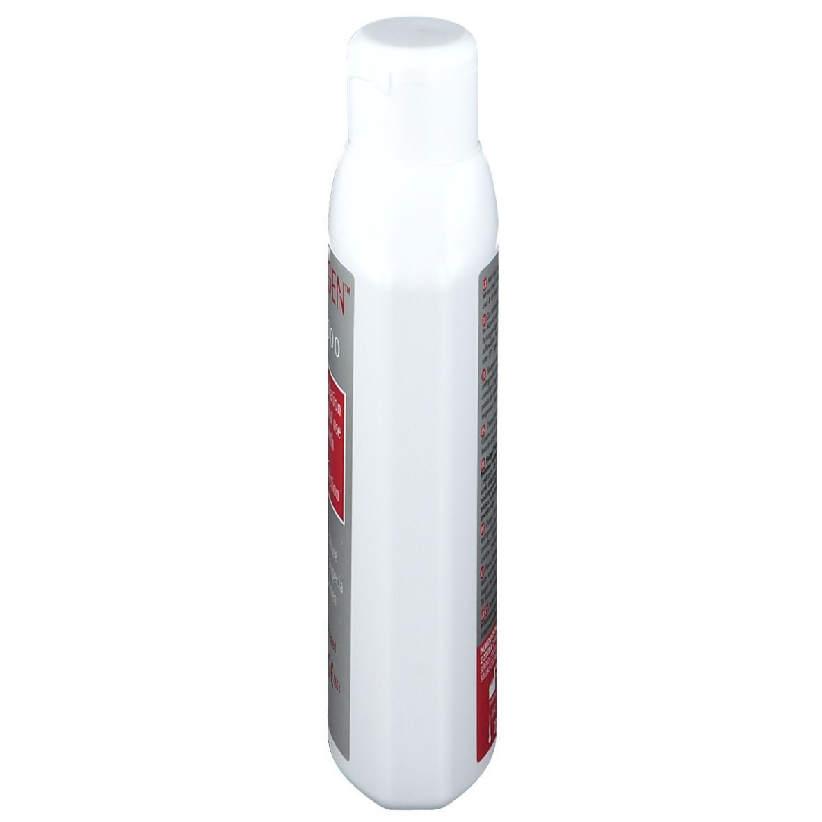 HAIRGEN Shampoo, weiße Flasche. Seitenansicht. Text und rotes Rechteck. Dermatologisch getestet. 200ml.