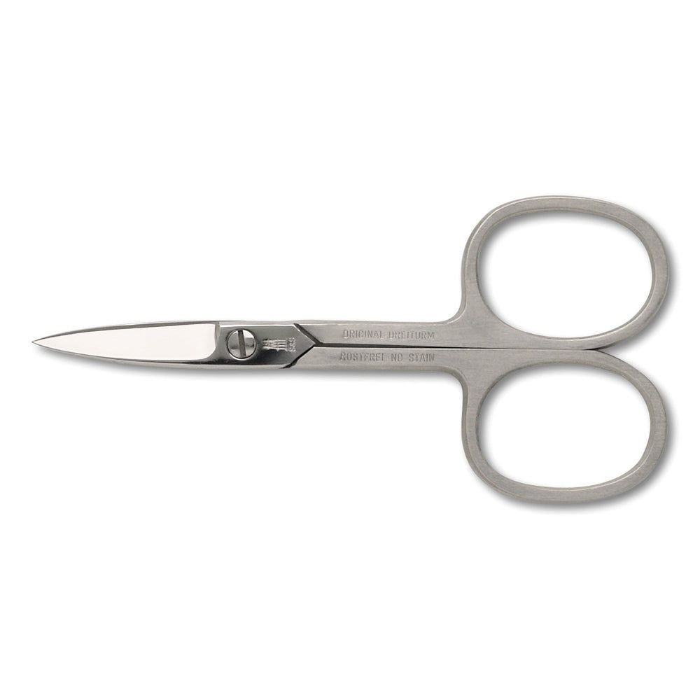 Fingernagelschere. Metall, matt. Zwei ovale Grifföffnungen. Klingen spitz zulaufend. Text: DREITURM Solingen.