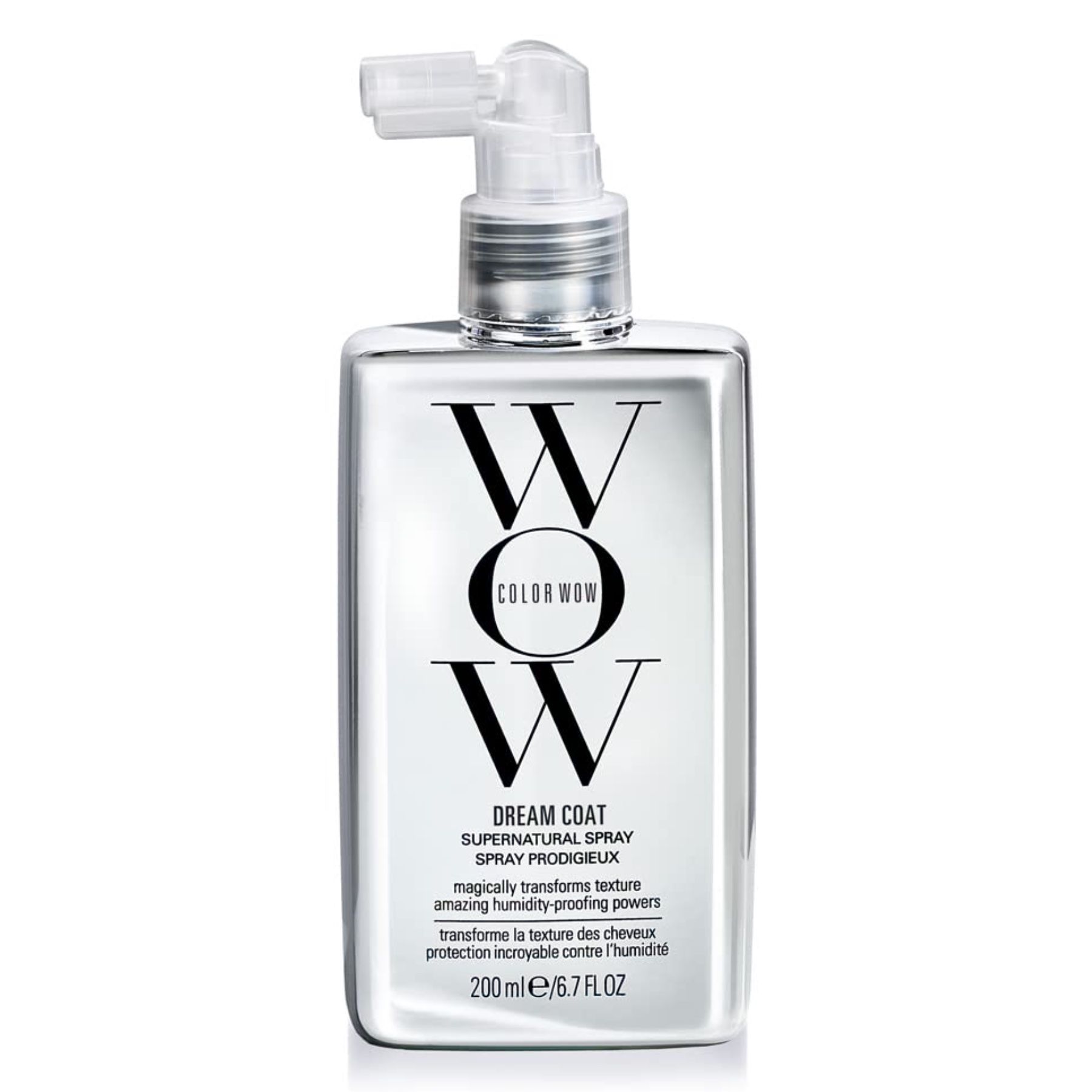 COLOR WOW Dream Coat Spray. Rechteckige Flasche mit Sprühkopf. Schwarzes Logo und Text auf silbernem Hintergrund. 200ml.