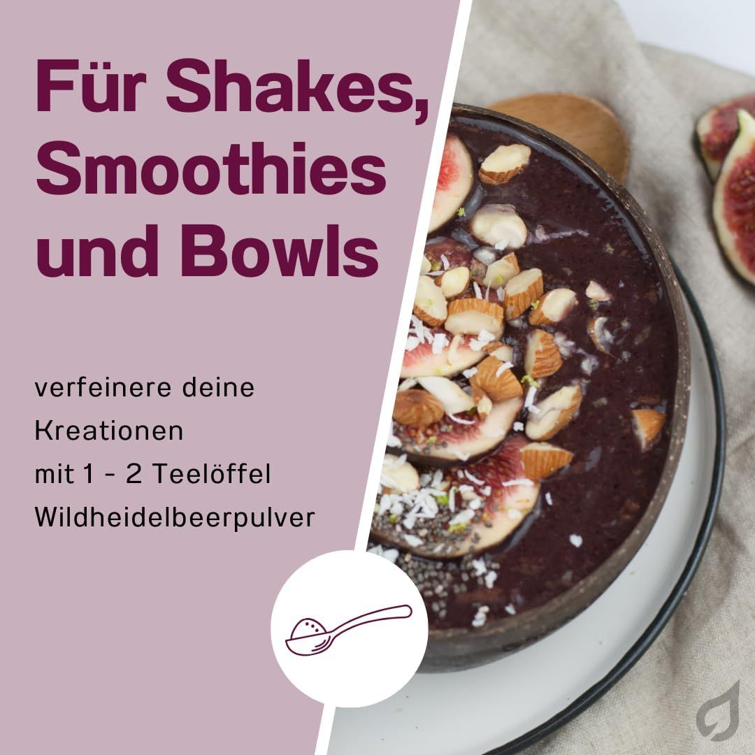 Wildheidelbeerpulver für Shakes, Smoothies und Bowls, verfeinert Kreationen mit 1-2 Teelöffeln.