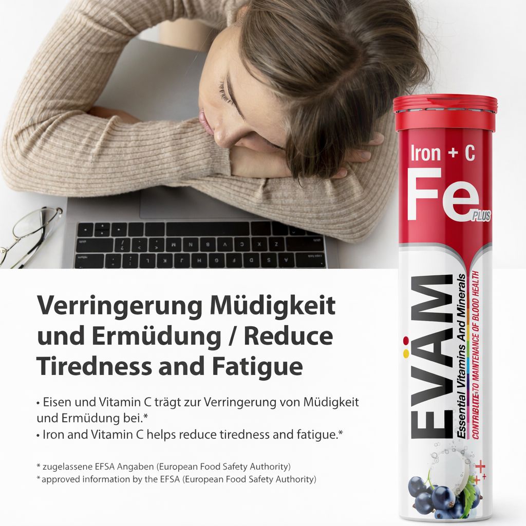 EVÄM Eisen + Vitamin C Brausetabletten neben einer Person. Reduziert Müdigkeit. Enthält Eisen und Vitamin C.