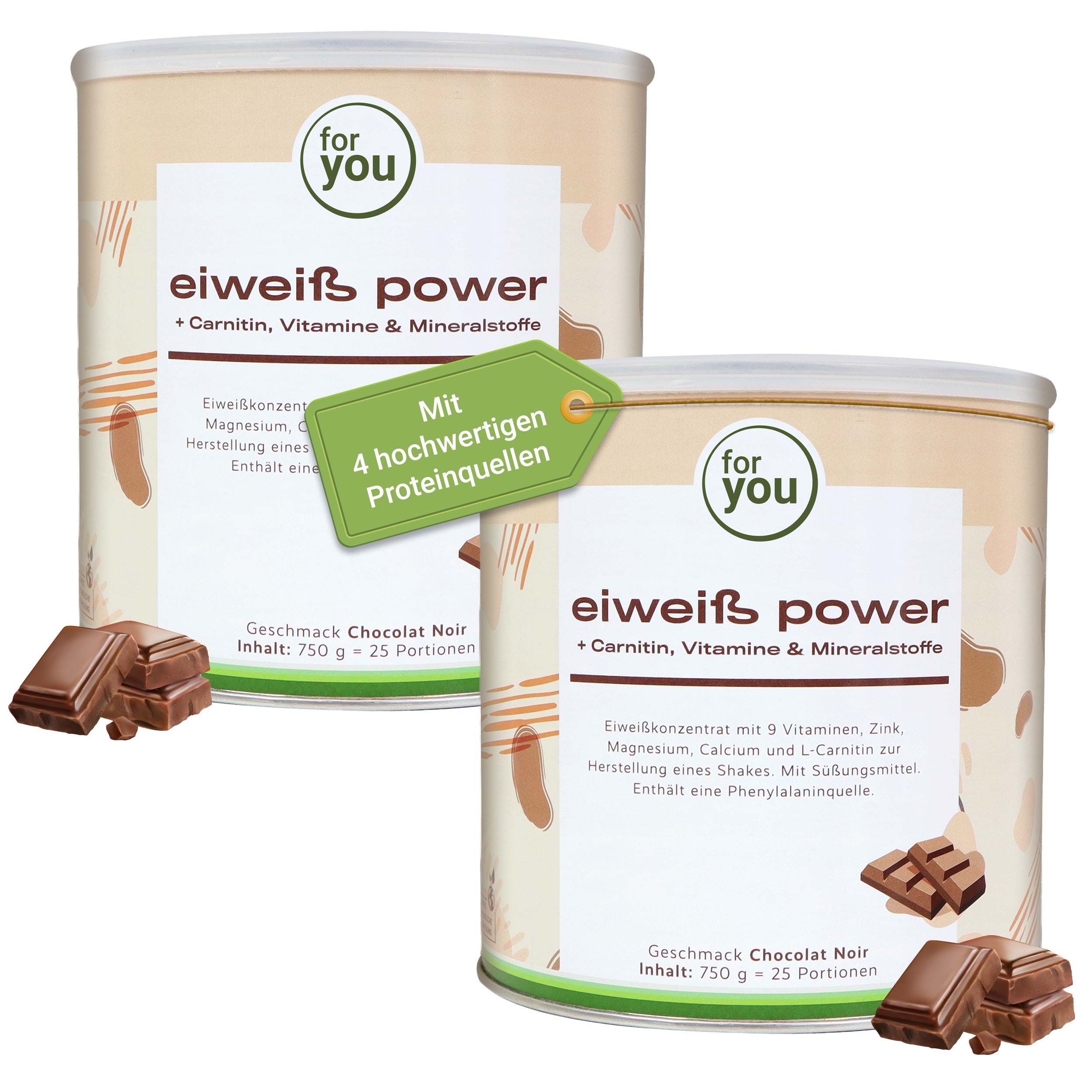 Zwei Dosen Eiweiß Power Schoko Noir mit Schokoladenstücken.
