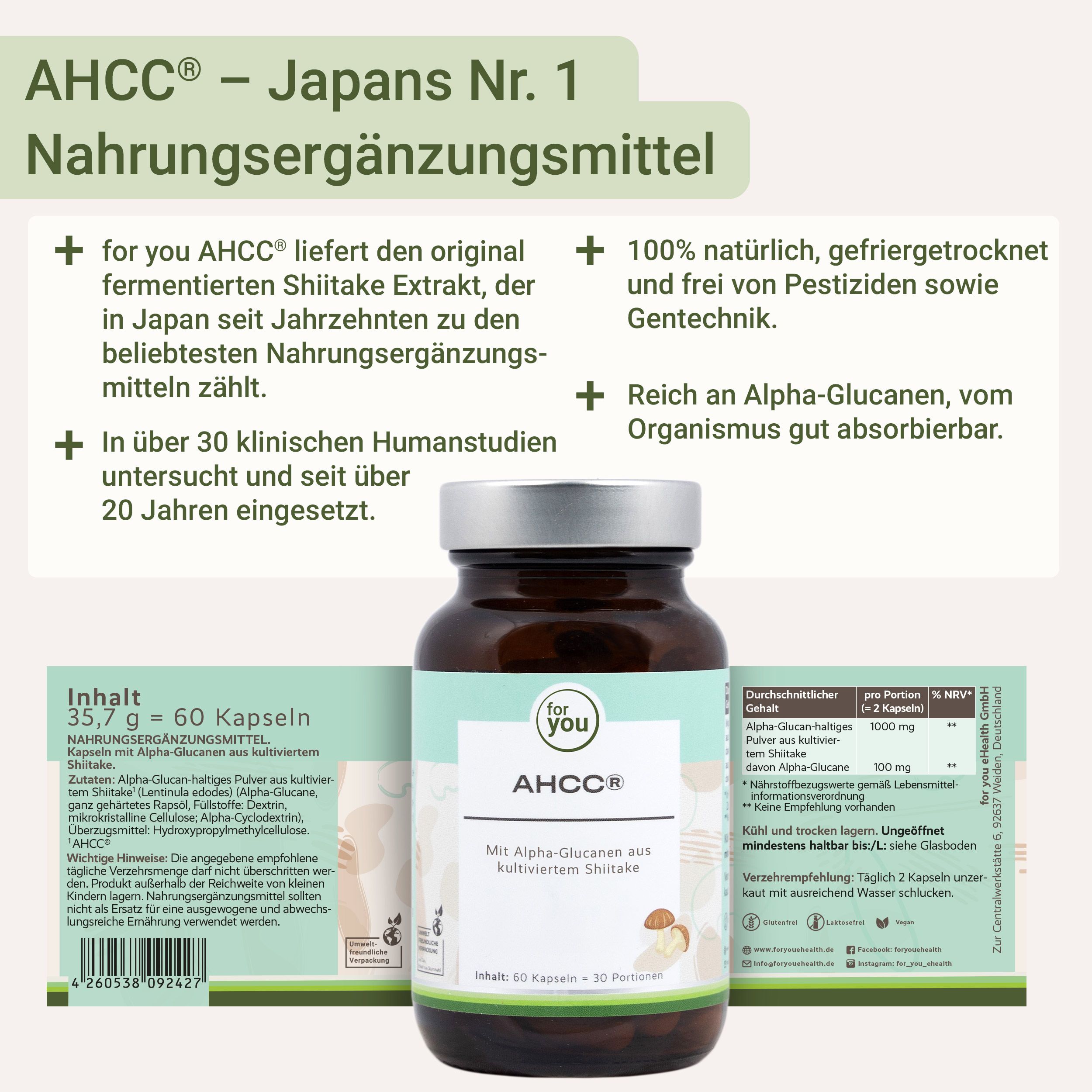Flasche AHCC Kapseln, Vorder- und Rückseite der Verpackung.