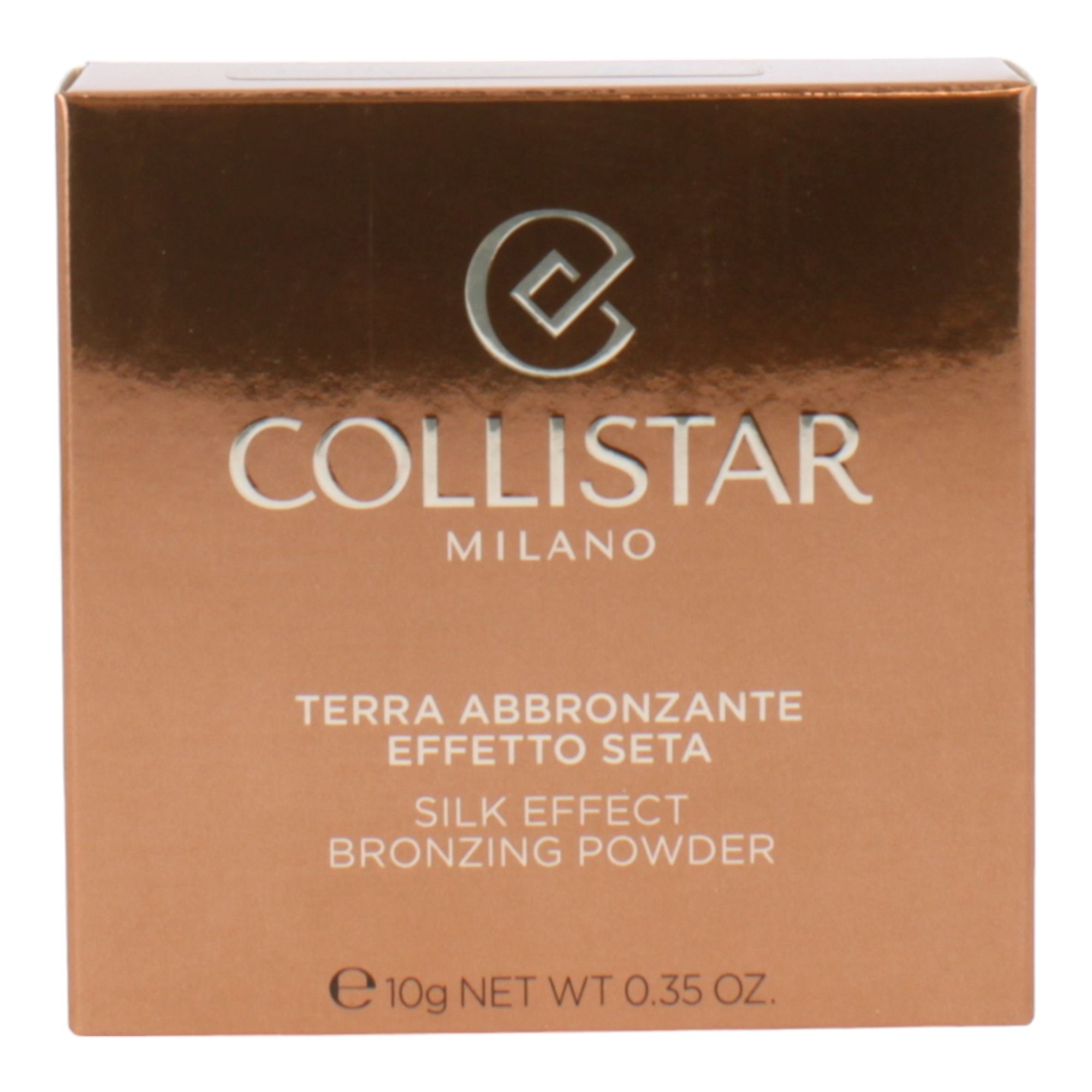 Bronzepuder-Verpackung. Marke Collistar, Schriftzug. Text: Terra Abbronzante Effetto Seta, Silk Effect Bronzing Powder. 10g.