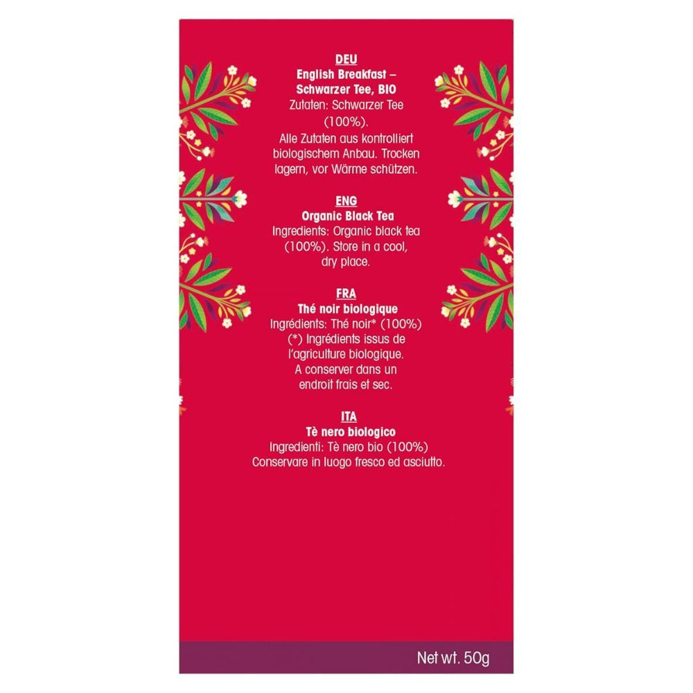 Rückseite der roten "English Tea Shop"-Verpackung. Zutatenliste in Deutsch, Englisch, Französisch und Italienisch.