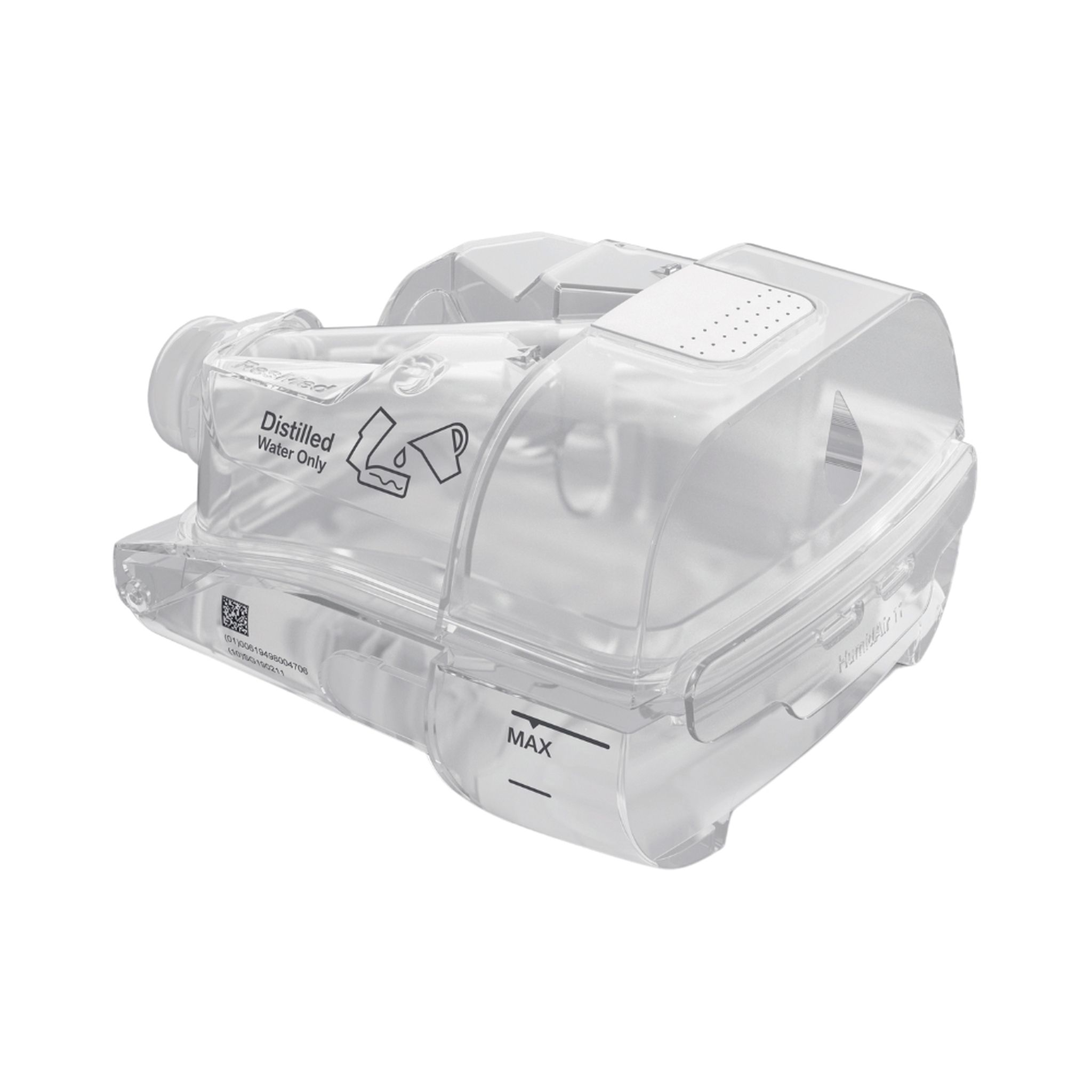 Transparenter Luftbefeuchterbehälter mit Markierungen für destilliertes Wasser und maximaler Füllhöhe.