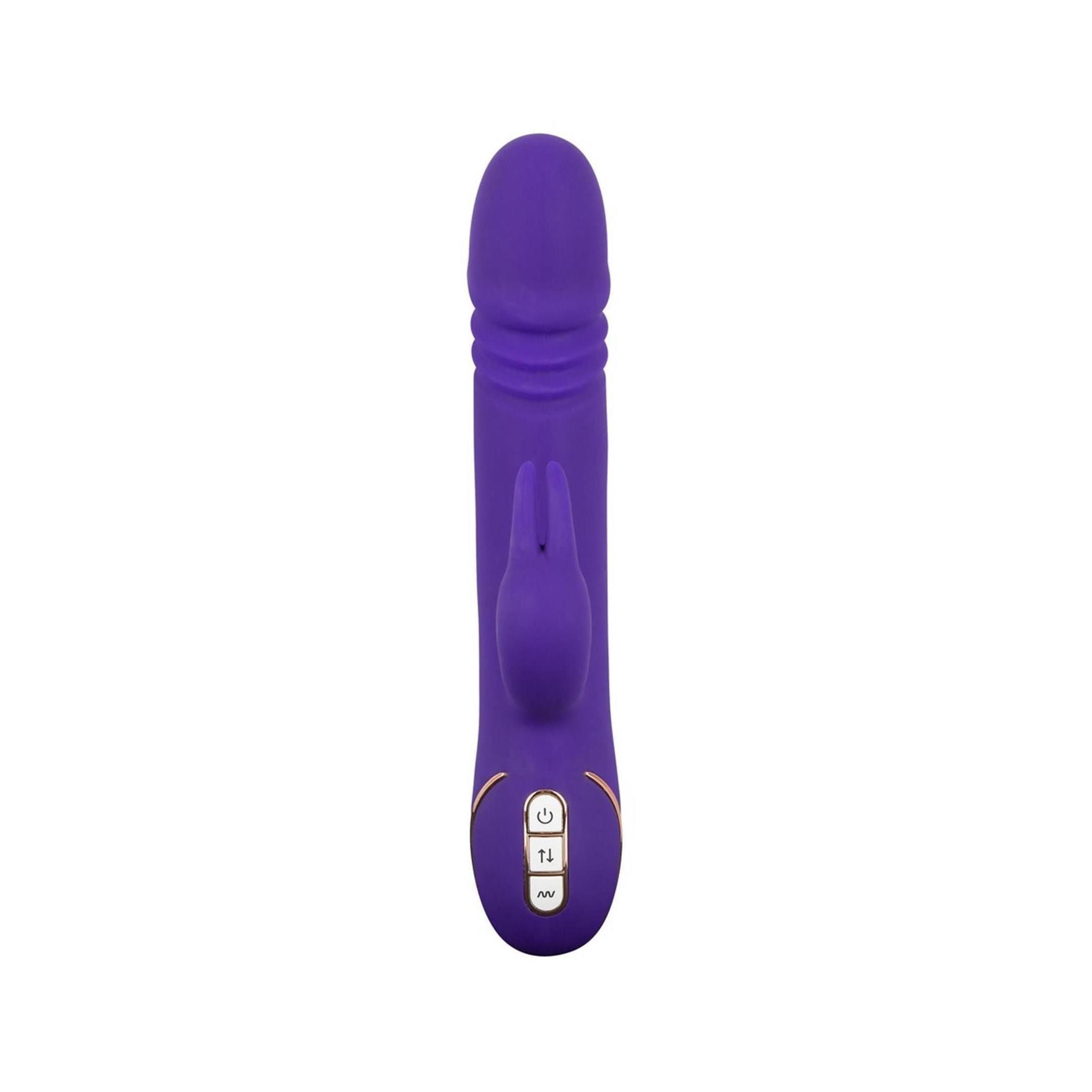 Lila Vibrator mit Hasenohren-Design. Drei Knöpfe, goldfarbene Akzente.