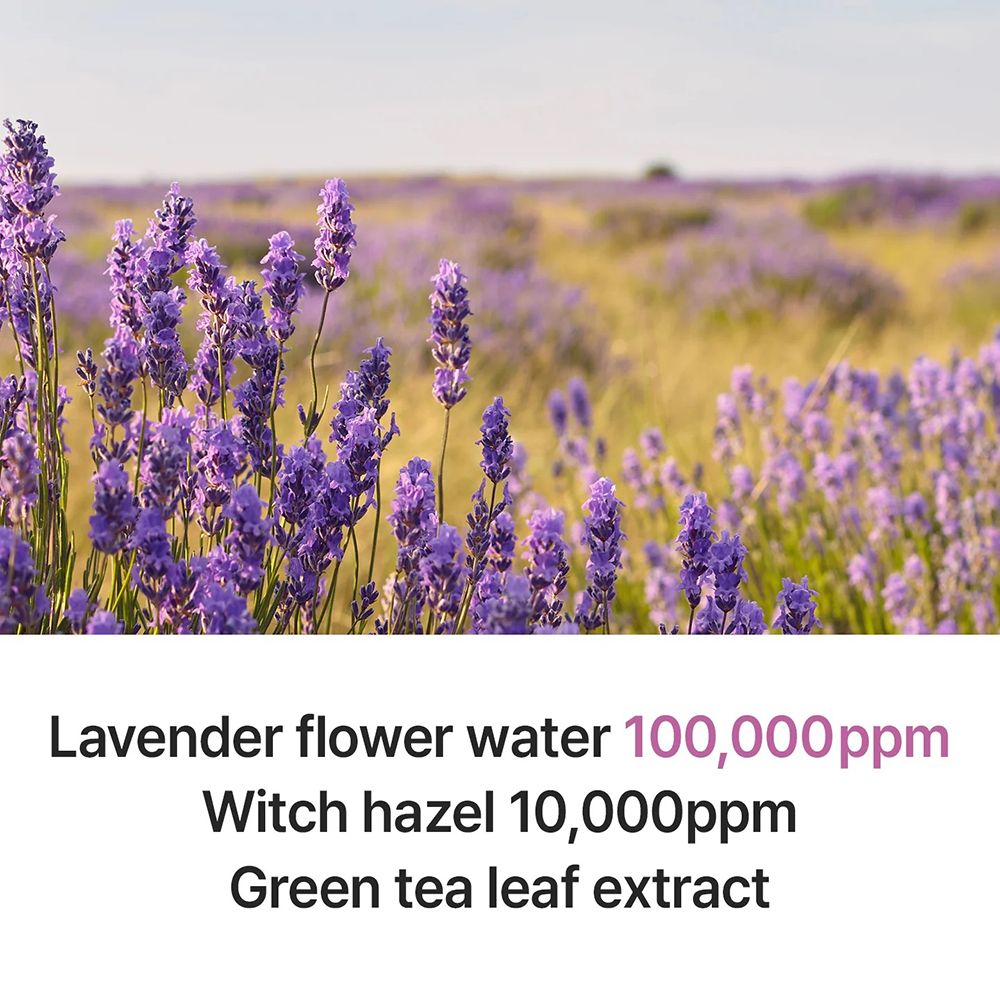 Lavendelfeld mit Text: Lavender flower water 100,000ppm, Witch hazel 10,000ppm, Green tea leaf extract.
