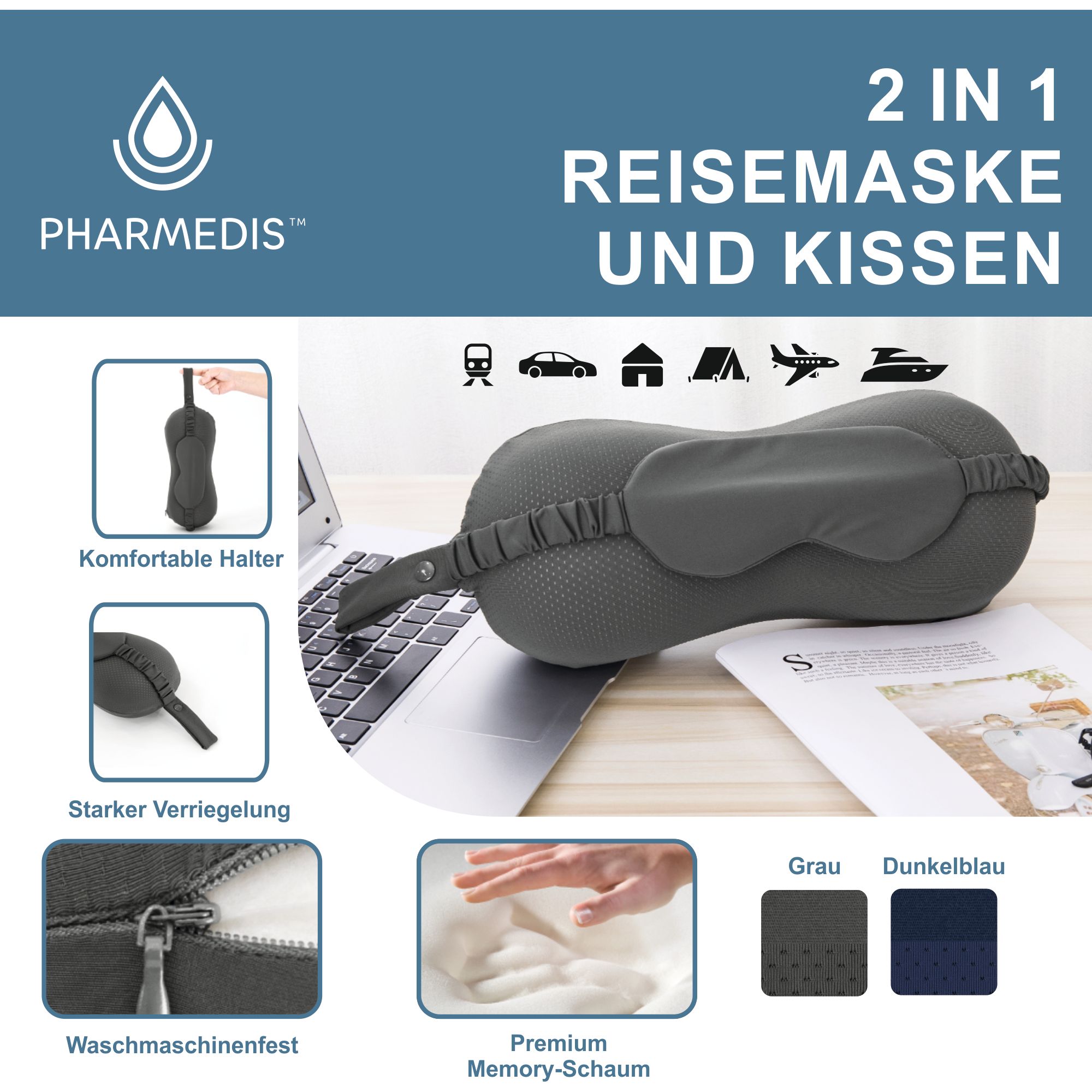 Reisekopfkissen mit Augenmaske Pharmedis