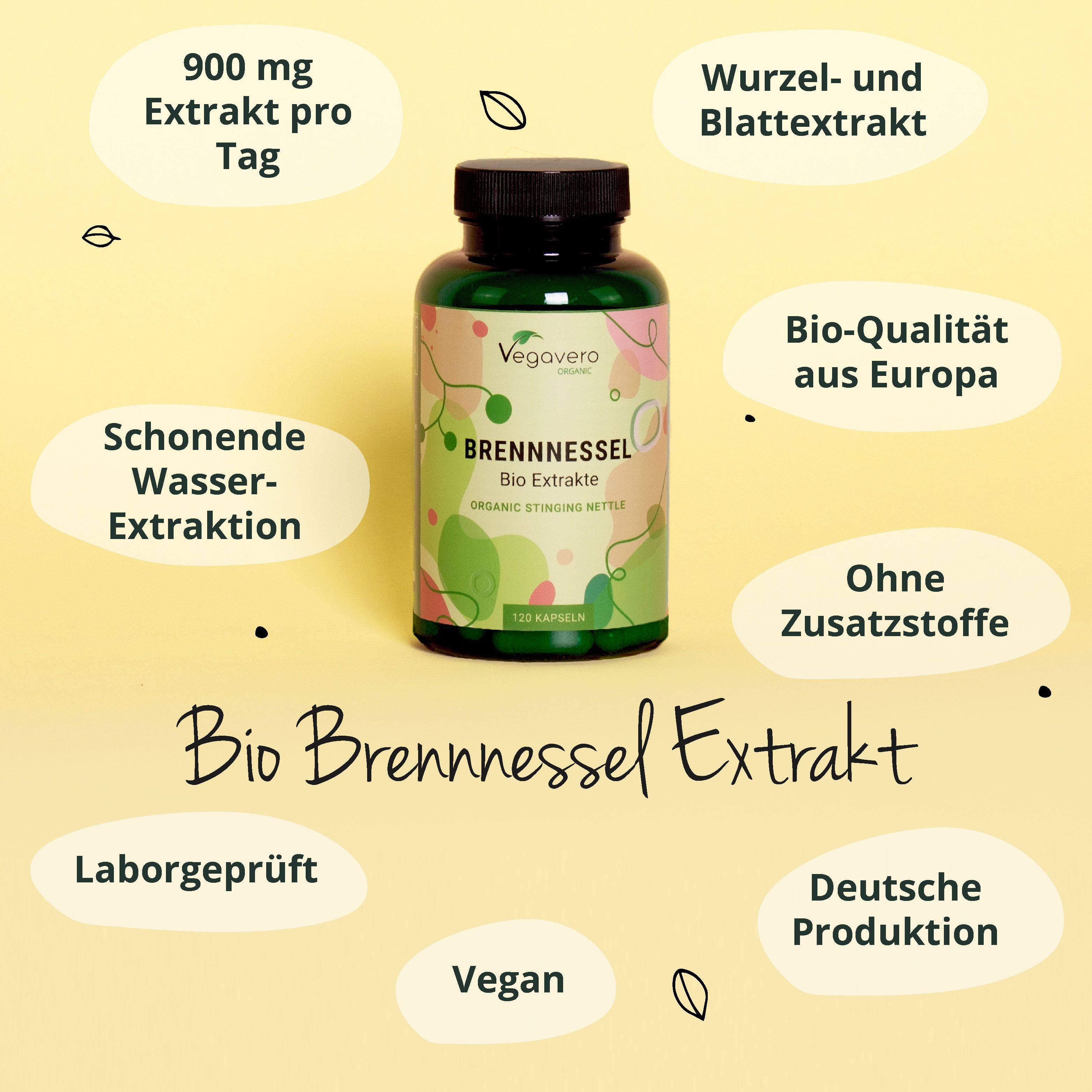 Flasche Brennnessel Bio Extrakte. Text: 900 mg Extrakt pro Tag, Wurzel- und Blattextrakt, Bio-Qualität, ohne Zusatzstoffe, deutsche Produktion, vegan.