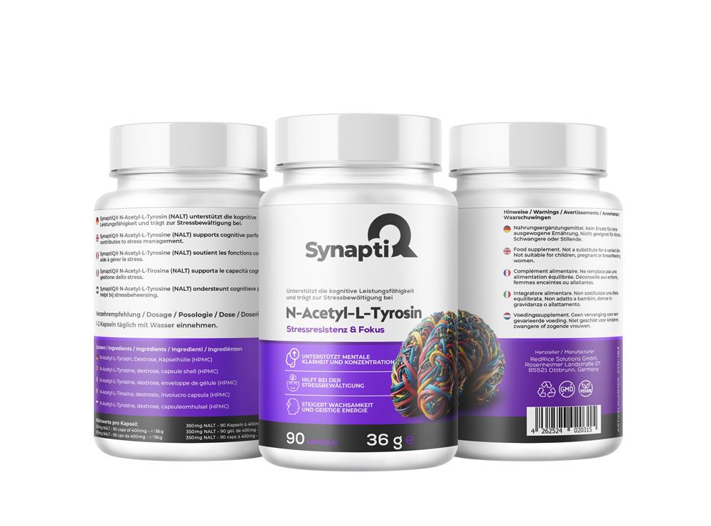 Drei weiße Pillenfläschchen mit lila Etiketten. Aufschrift: SynaptiQ, N-Acetyl-L-Tyrosin. Enthält 90 Kapseln, 36 g.
