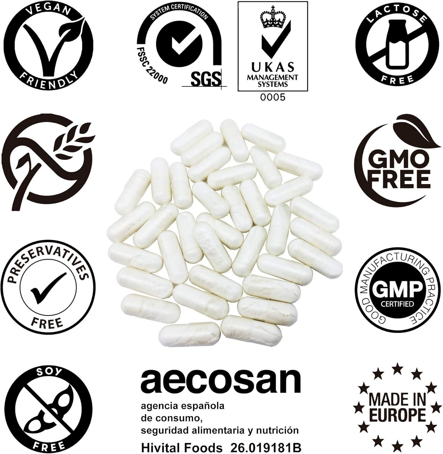 Weiße Kapseln, umgeben von verschiedenen Logos, darunter Vegan, GMO-frei, und Made in Europe. Text: aecosan, Hivital Foods.