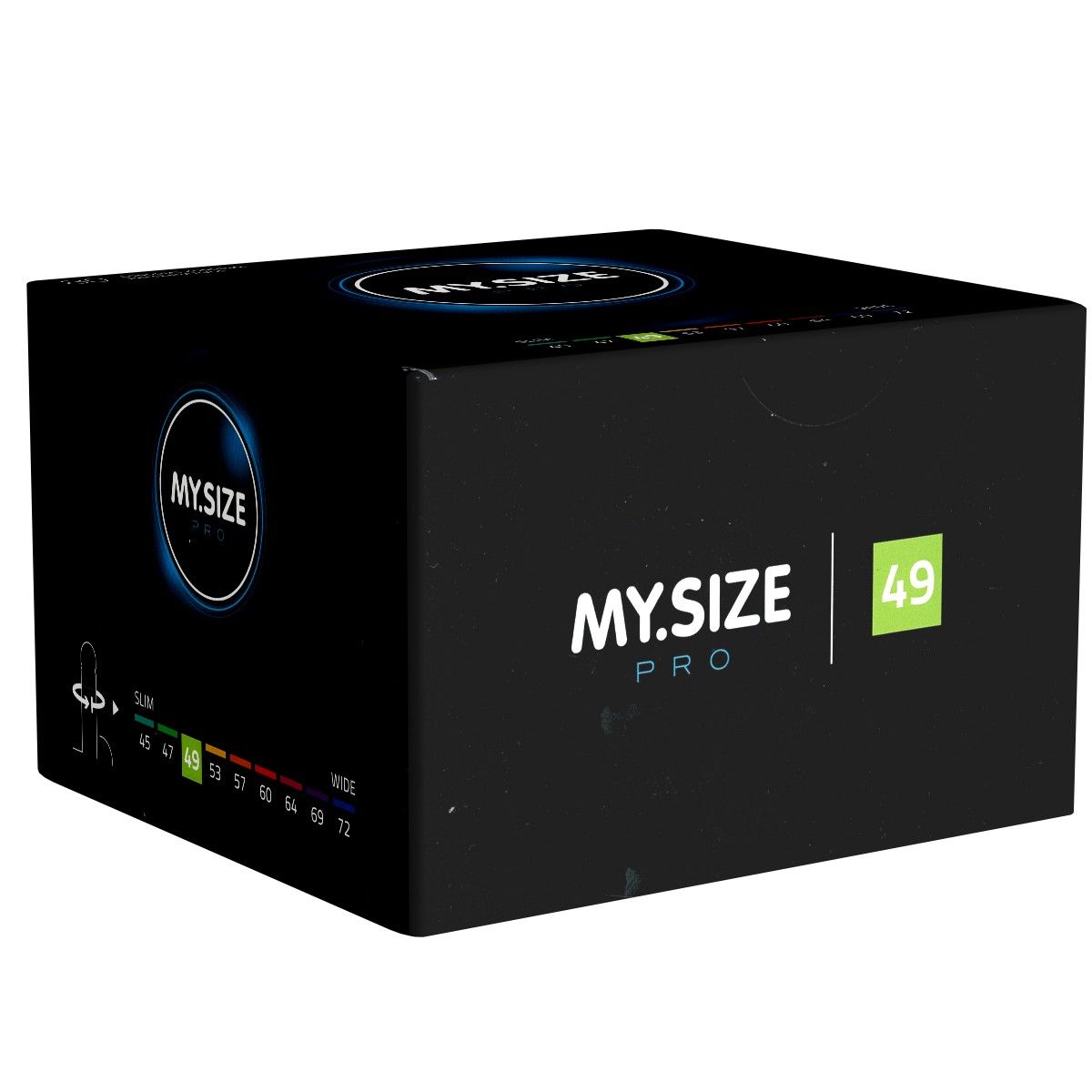 Schwarze Schachtel mit MY.SIZE PRO Logo. Größe 49 hervorgehoben. Größenangaben von 45 bis 72.