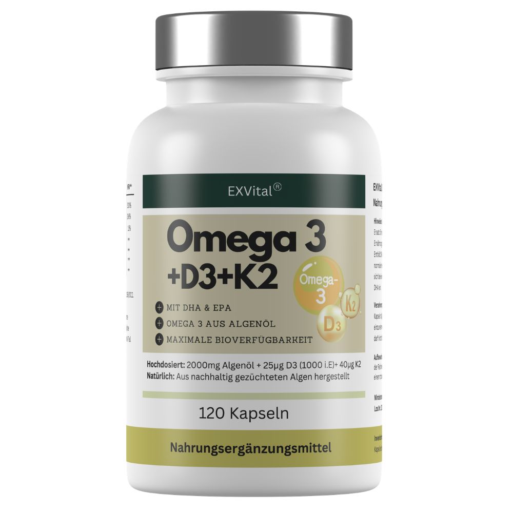 EXVital® Omega 3 + D3 & K2 Kapseln aus Algenöl, hochdosiert & vegan