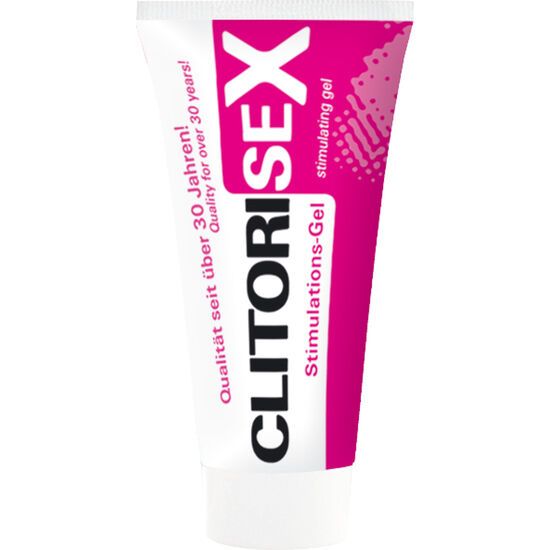 Weiß-pinke Tube mit Produktaufschrift CLITORISEX, Stimulations-Gel. Text: Qualität seit über 30 Jahren!