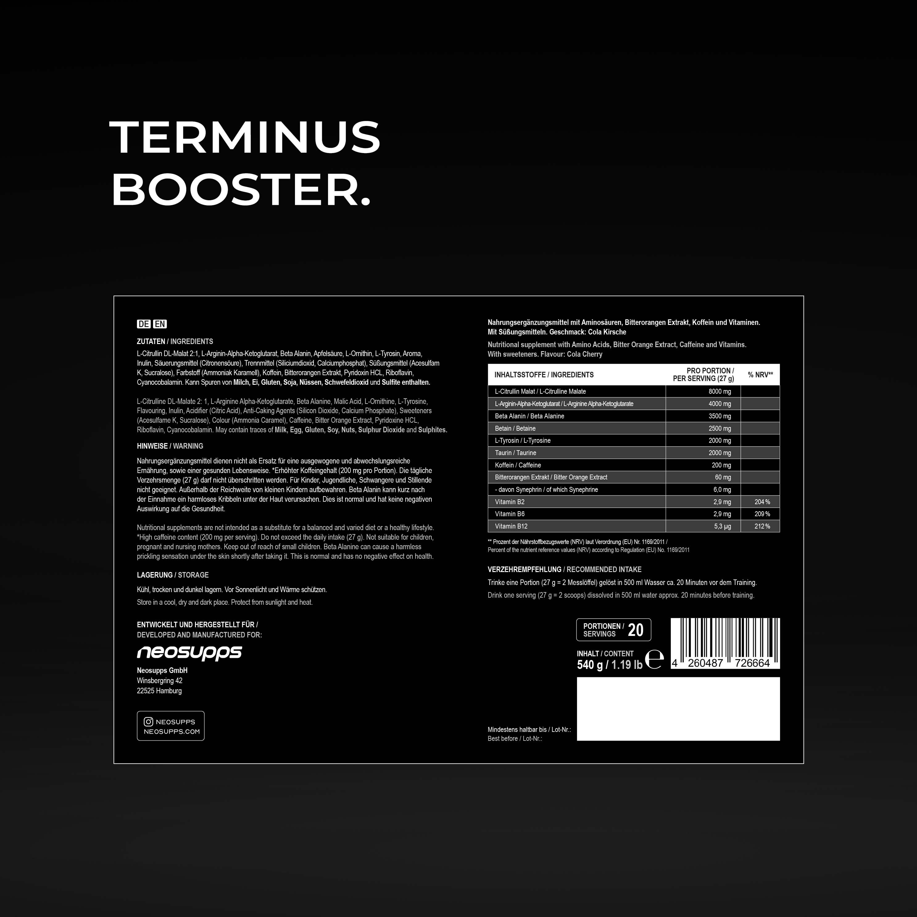 Rückseite der Dose "neosupps Terminus Booster". Text: Inhaltsstoffe, Nährwertangaben.