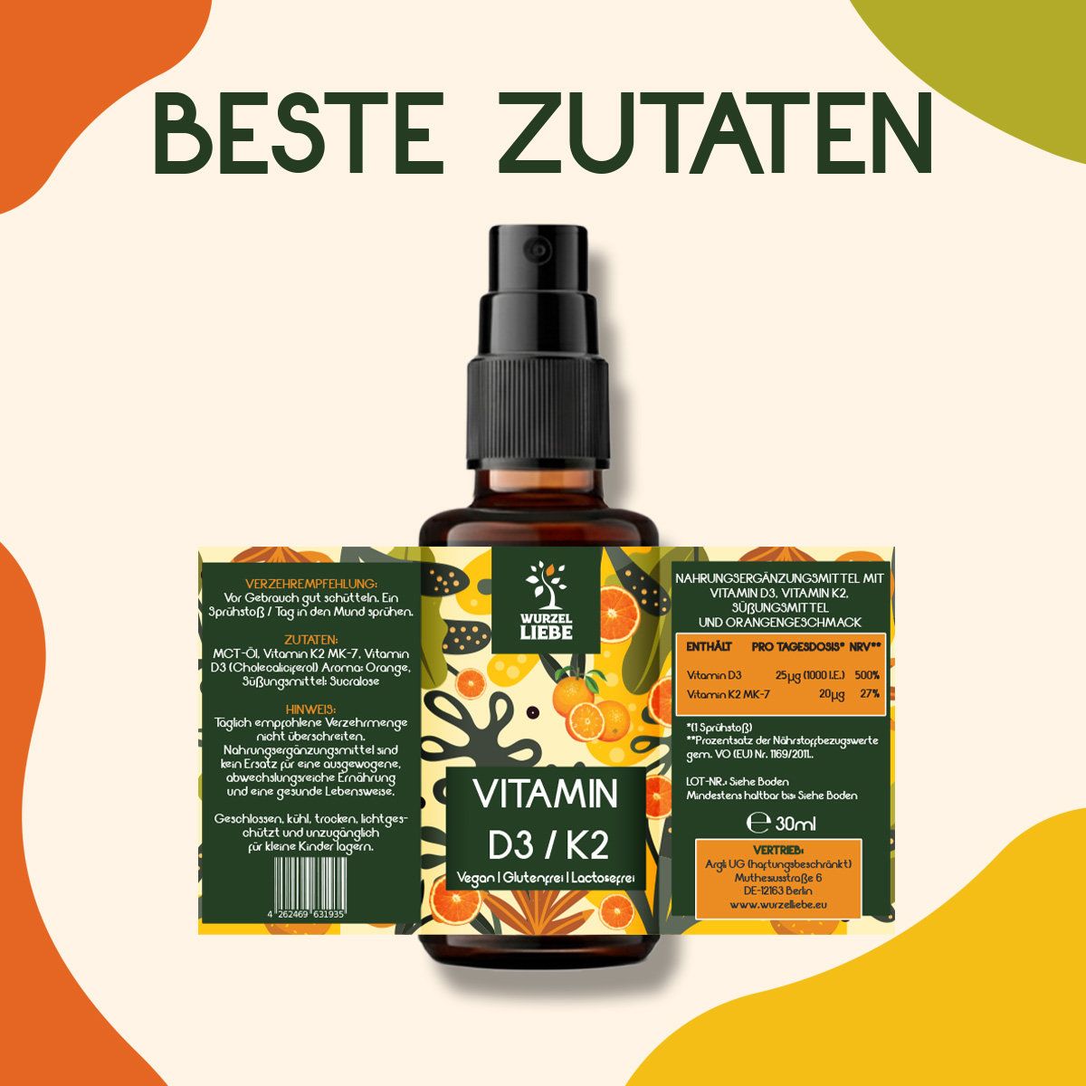 Braune Sprühflasche mit Produktaufdruck. Text: Vitamin D3/K2. Aufgedruckte Informationen. Text: Nahrungsergänzungsmittel mit Vitamin K2 und Orangengeschmack.