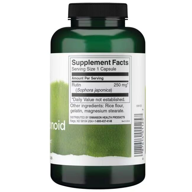 Rückansicht der grünen Flasche. Weißes Etikett mit Nährwertangaben. Enthält Rutin (250 mg) und weitere Inhaltsstoffe.