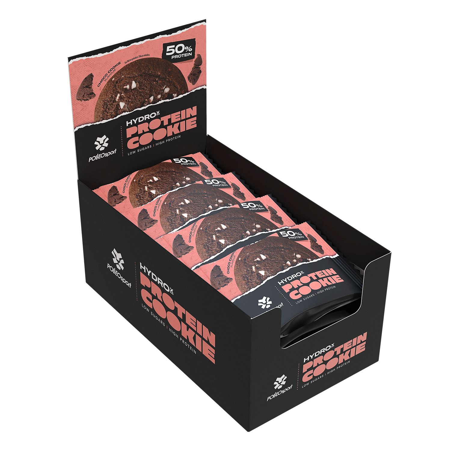 Schwarzer Karton mit Protein-Cookies. Aufdruck: HydroX Protein Cookie, 50% Protein. Einzeln verpackte Cookies.