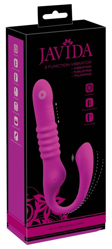 Verpackung von JAVIDA Vibrator. Produktabbildung, Produktname, Funktionen und Illustrationen.