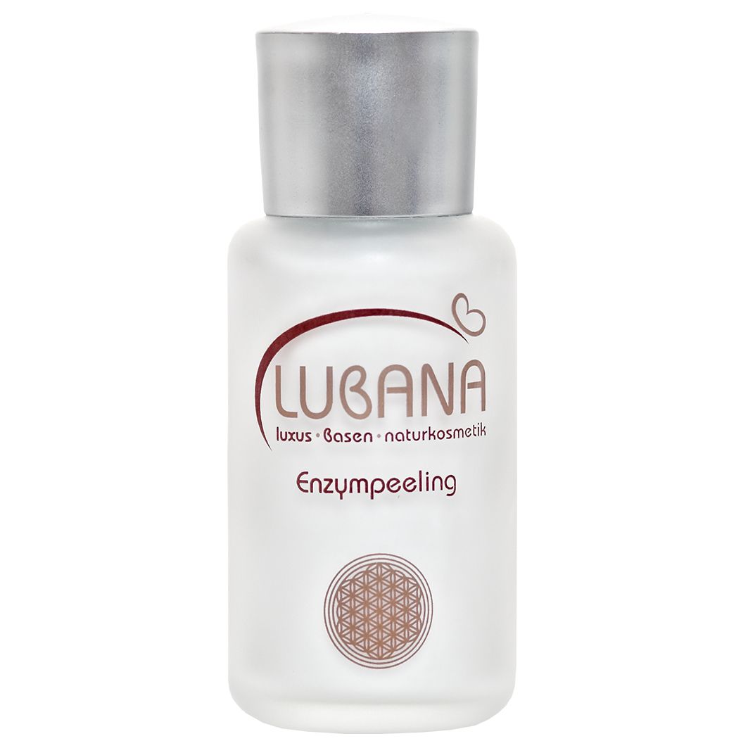 Flasche mit silbernem Deckel. Aufschrift "LUBANA" und "Enzympeeling". Unter dem Logo ein Muster.