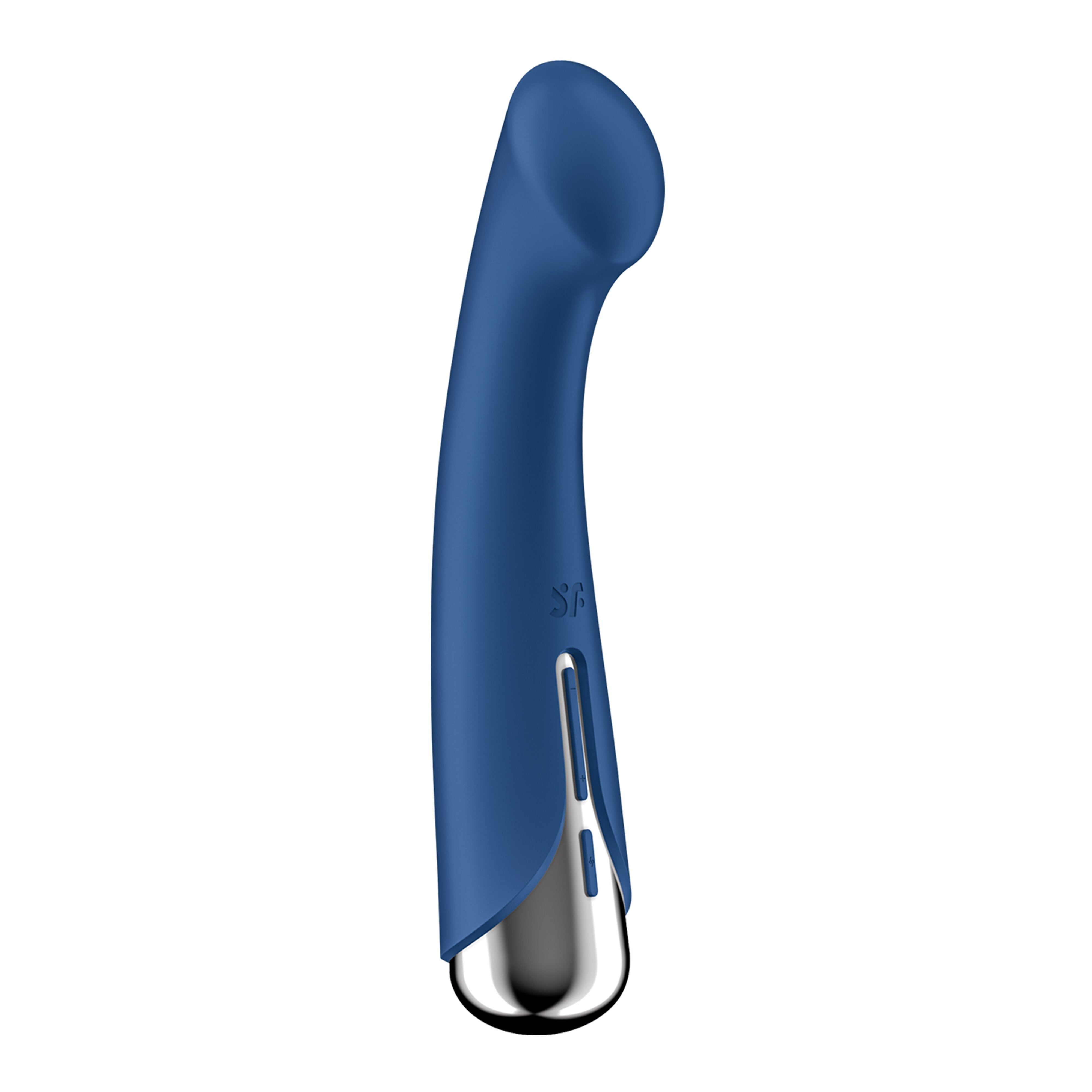 Blauer Vibrator mit silberfarbenem Ende. Gebogene Form mit abgerundeter Spitze. SF-Logo sichtbar.