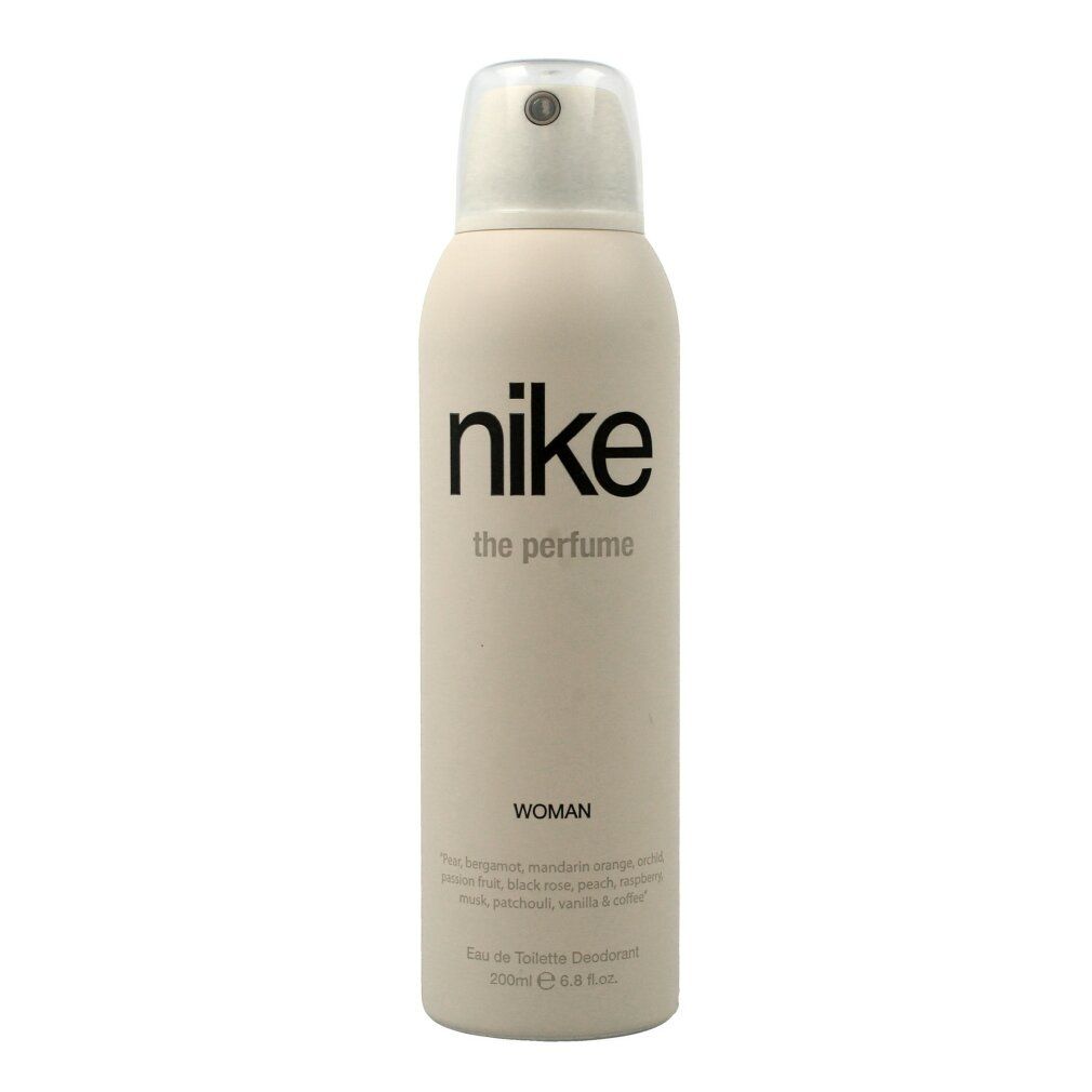 Beige Deodorant-Spraydose. Schwarzer Schriftzug: nike the perfume woman. Text darunter: Duftnoten. Unten: Eau de Toilette Deodorant.
