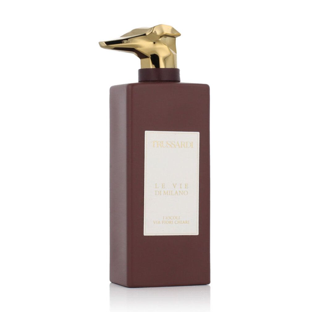 Trussardi Le Vie Di Milano Eau de Parfum Flakon. Braune Flasche mit goldenem Sprühkopf und weißem Etikett.