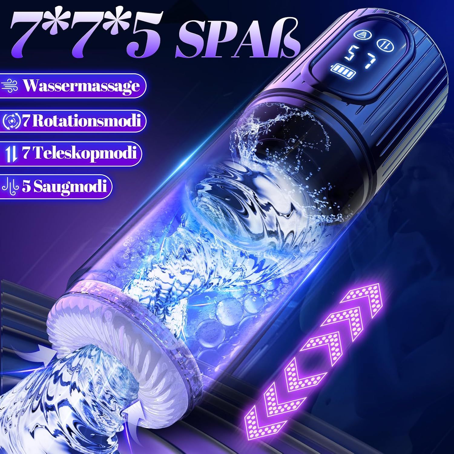 Ein transparentes Gehäuse mit Wasser und Blasen, das eine Massagefunktion andeutet. Es zeigt 7 Rotations- und 7 Teleskopmodi sowie 5 Saugmodi an.