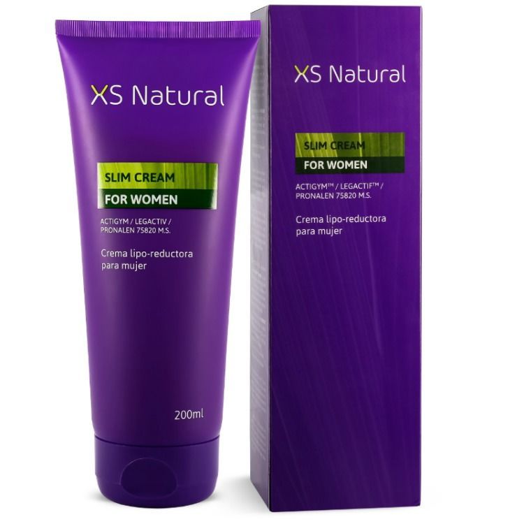 Violette Tube und Schachtel. Aufschrift XS Natural, Slim Cream for Women. Grüne Akzente. 200ml.
