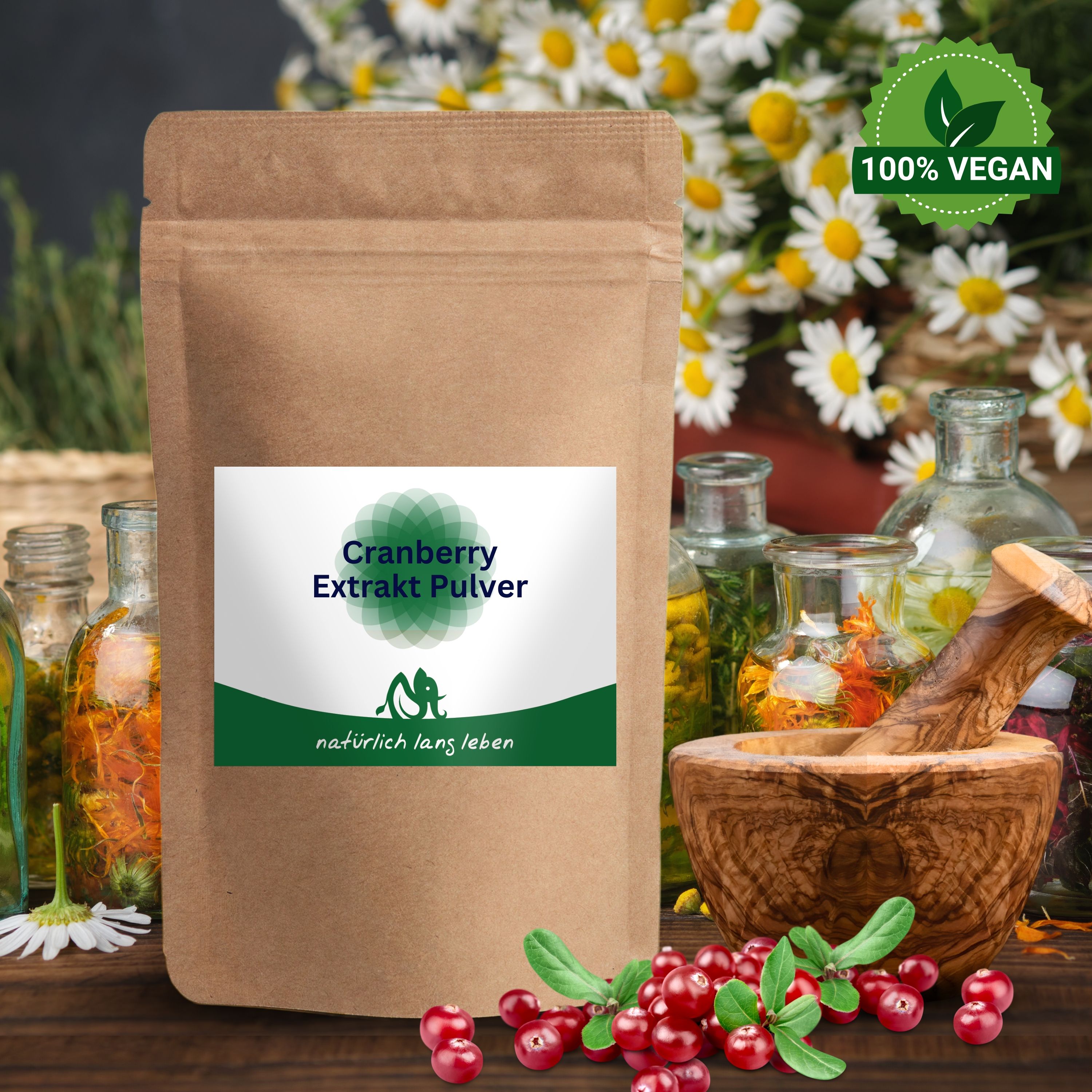 Braune Tüte mit Etikett. Aufschrift: Cranberry Extrakt Pulver. Logo: natürlich lang leben. Hintergrund: Kräuter, Beeren, Flaschen.