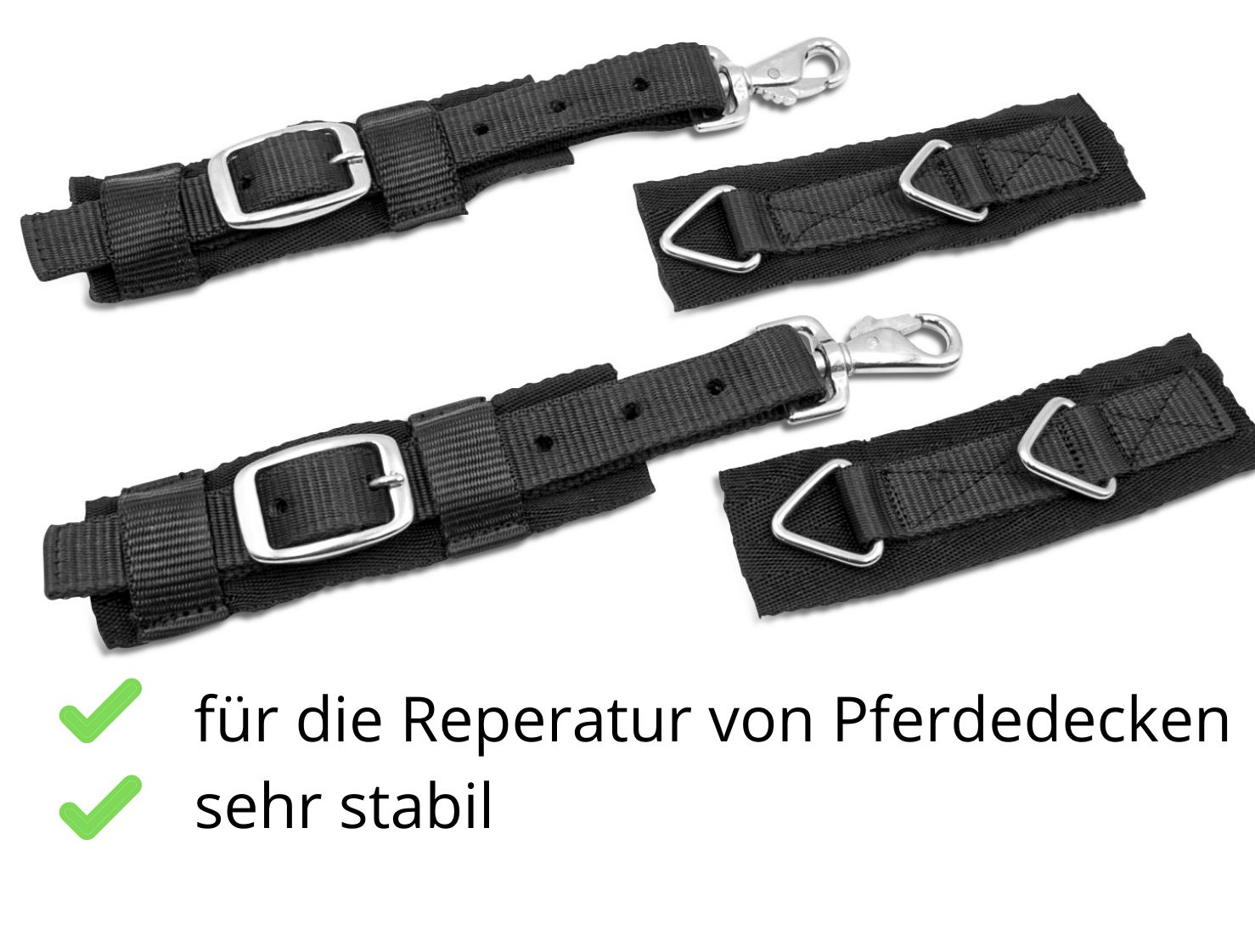 Schwarze Deckenverschlüsse mit Schnallen und Karabinerhaken. Text: für die Reparatur von Pferdedecken, sehr stabil.