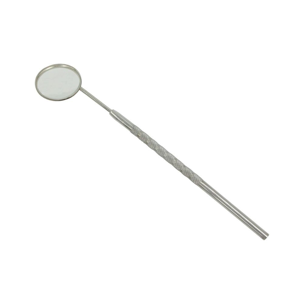 Zahnarztspiegel mit rundem Spiegelkopf und geriffeltem Griff. Metallisches Aussehen, für zahnärztliche Untersuchungen.