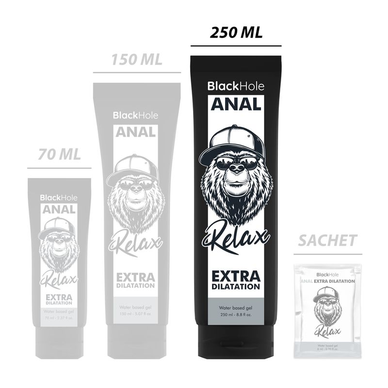 Verschiedene Größen von Black Hole Anal Relax Extra Dilatation Gel. Größen: 70ml, 150ml, 250ml und Sachet.
