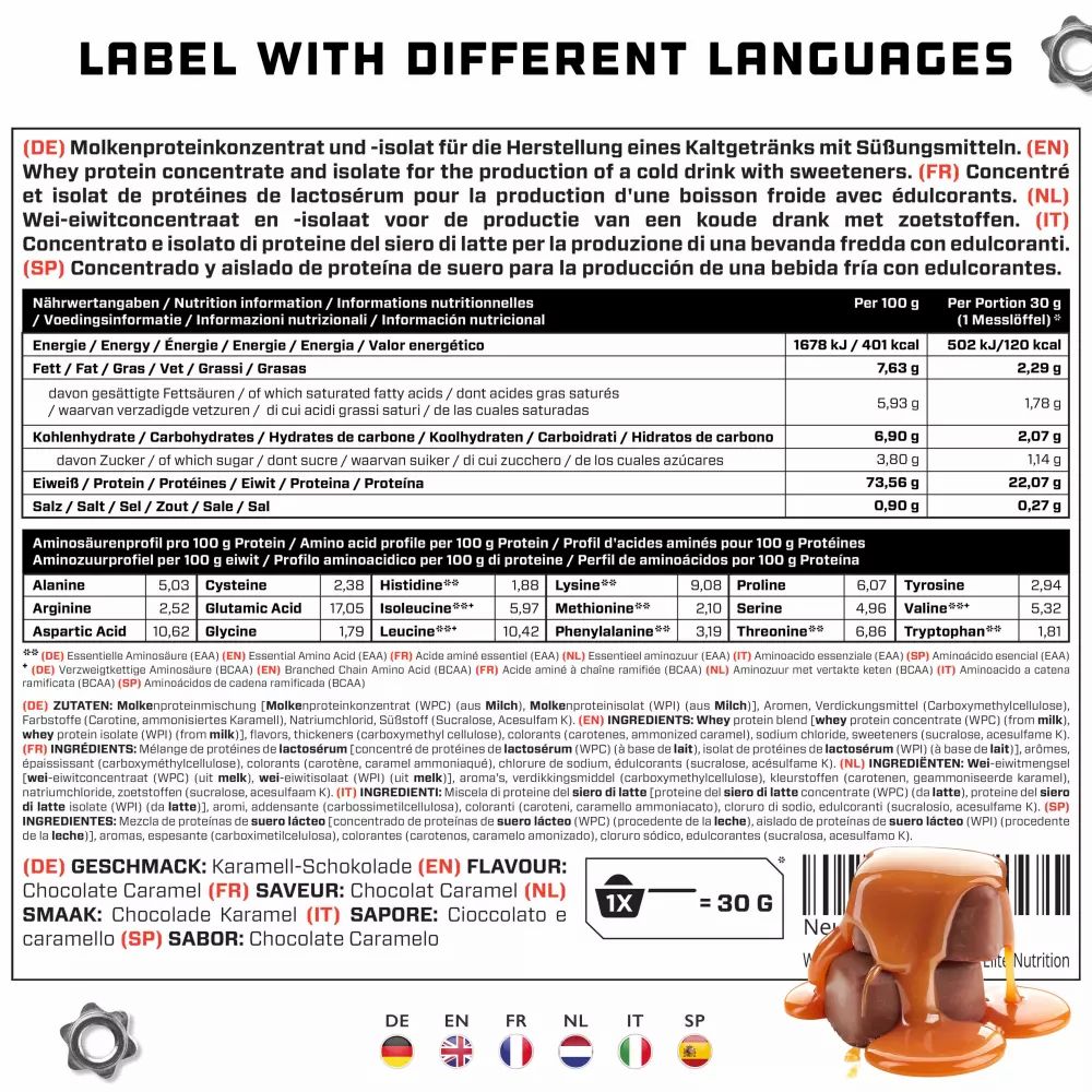 Nährwertinformationen und Aminosäureprofil von Whey Protein. Enthält Informationen pro 100g und pro Portion. Mit Karamell-Schokoladen-Geschmack.