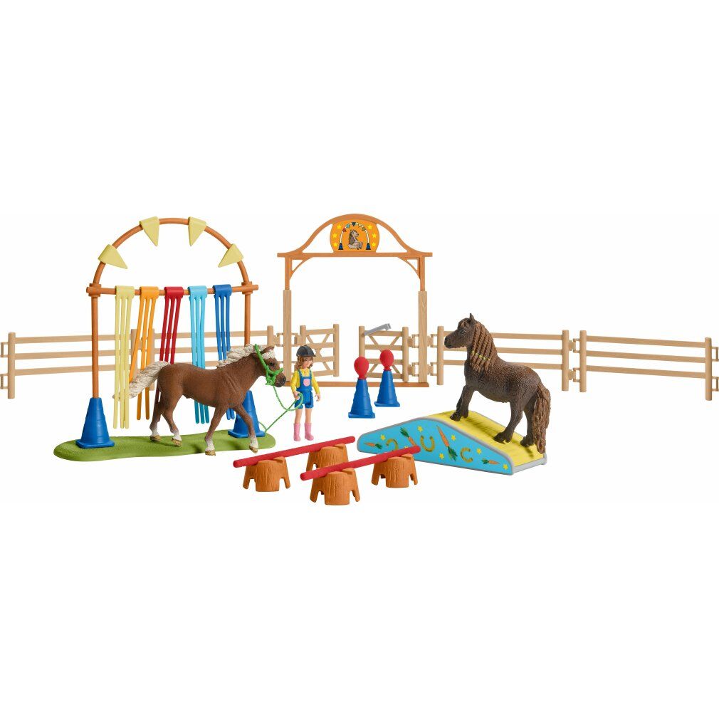 Pony-Agility-Trainingsset mit Hindernissen, Figuren und Pferden. Holz- und Kunststoffelemente. Verschiedene Farben.