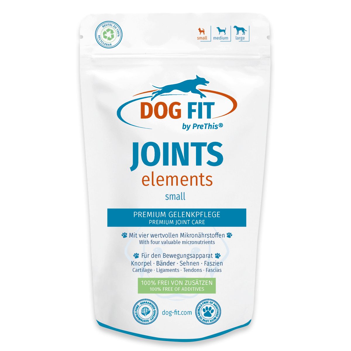 DOG FIT by PreThis® JOINTS elements small. Beutel. Text: Premium Gelenkpflege. Mit wertvollen Mikronährstoffen. 100% frei von Zusätzen.