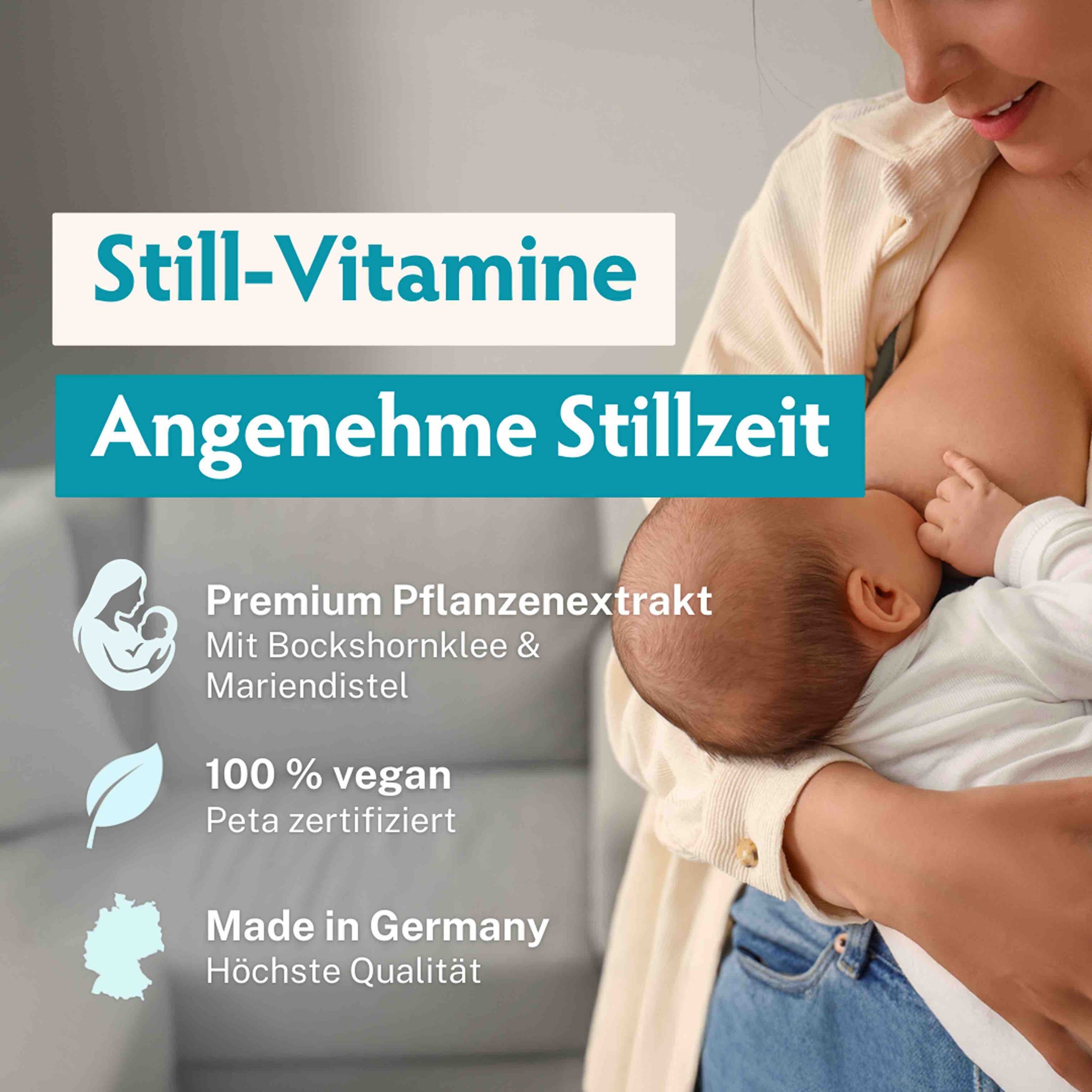 BabyFORTE Stillzeit Vitamine Verpackung, 60 Kapseln. Mutter mit Baby-Symbol.