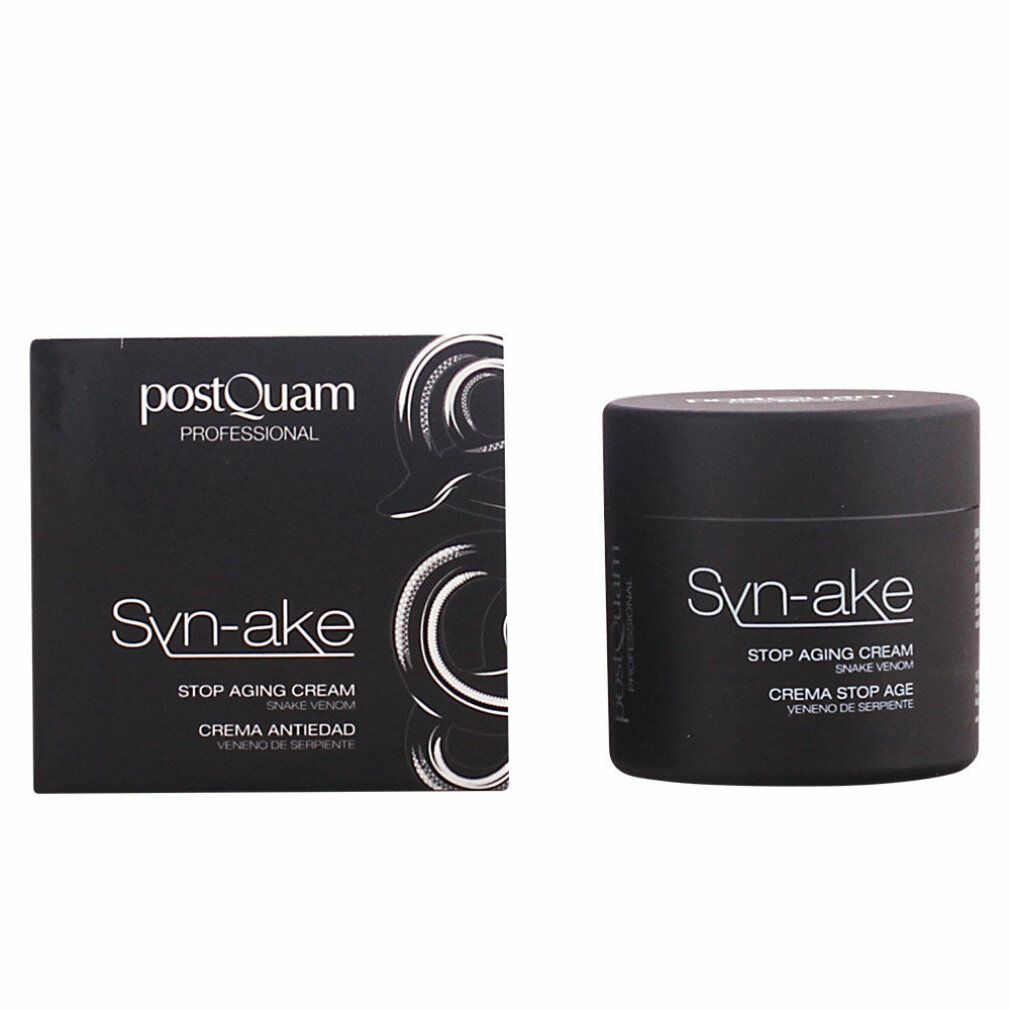 Schwarze Creme-Dose und Schachtel. Aufschrift: Syn-ake, Stop Aging Cream. Marke: postQuam.