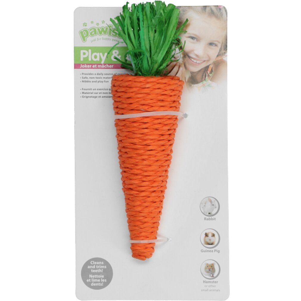 Karotten-Kauspielzeug aus geflochtenem Material mit grünem Oberteil. Auf Blisterkarte mit Produktname und Kind.