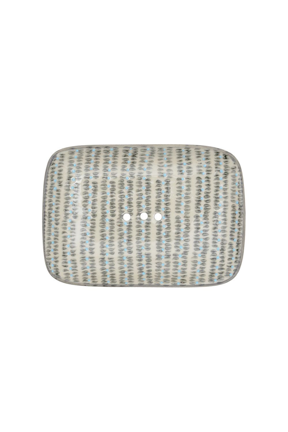 Rechteckige Seifenschale mit grau-blauem Muster und drei Löchern. Keramik. Nordic-Stil.