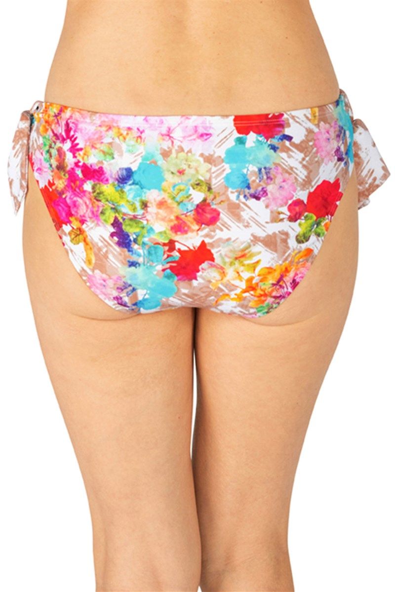 Bikinihose mit floralem Muster. Mehrfarbiges Design mit Bindebändern an den Seiten. Rückansicht.