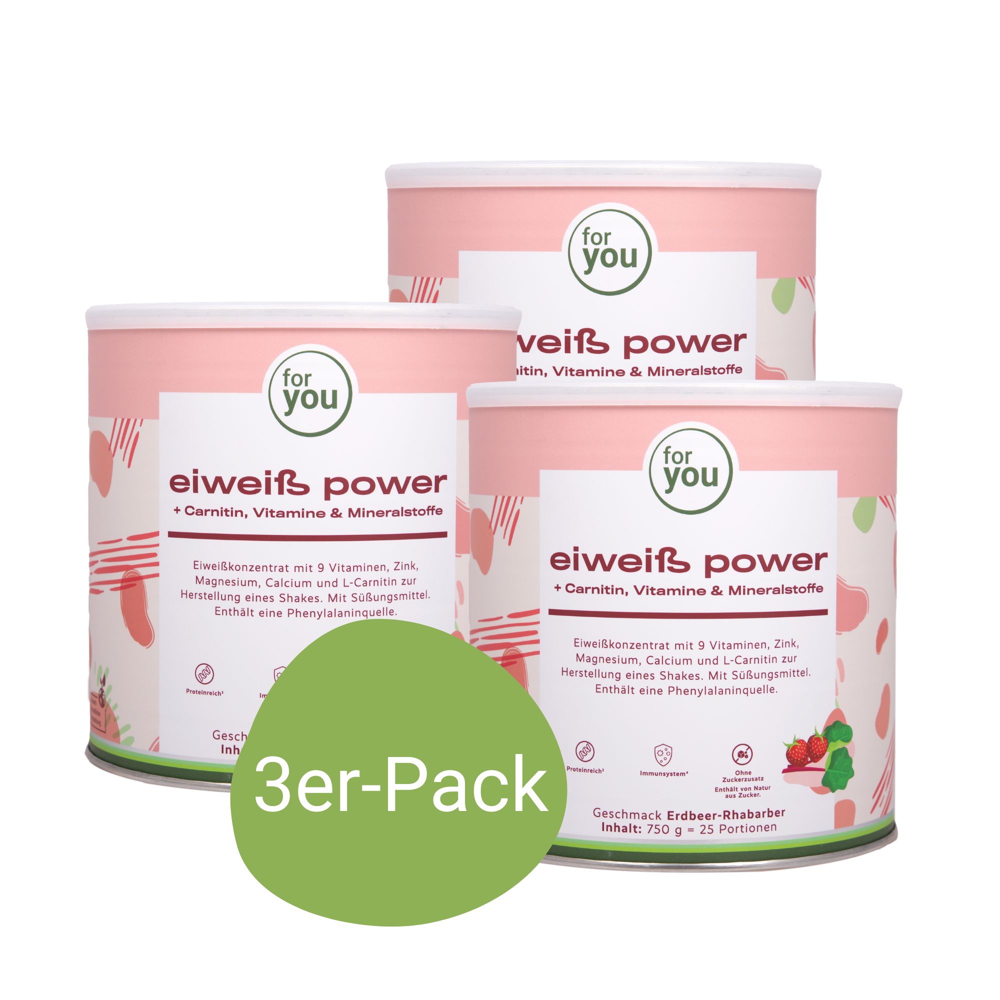 Drei Dosen Eiweiß Power Erdbeer-Rhabarber im 3er-Pack.