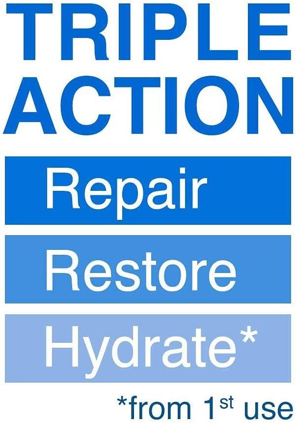 Blauer Text: TRIPLE ACTION, Repair, Restore, Hydrate. Sternchen: ab der 1. Anwendung.
