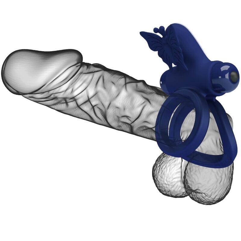 Blauer Doppelring mit Schmetterling-Design. Zwei Ringe, Vibrationsmodul und Schmetterling-Dekor.