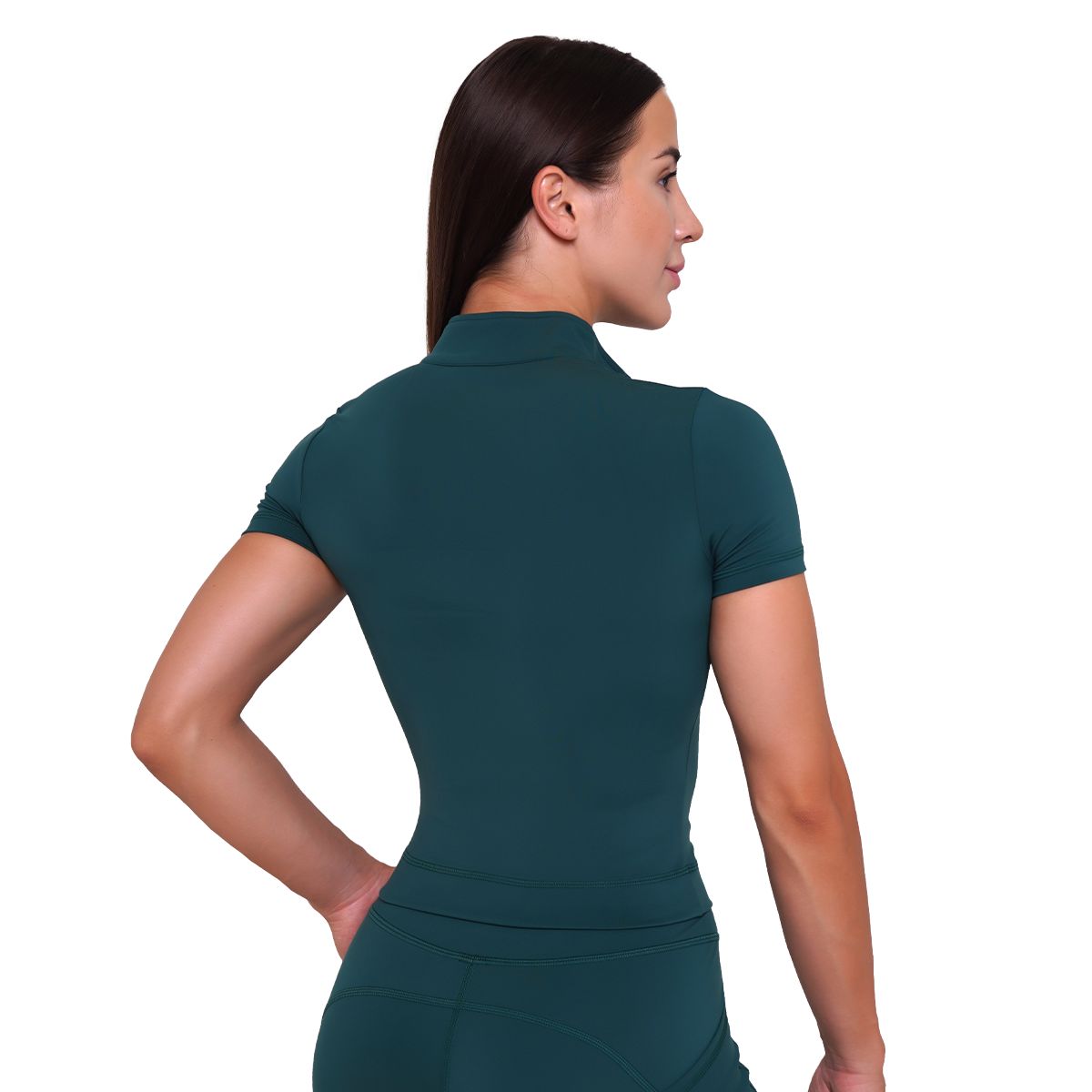 Rückansicht eines dunkelgrünen Damen-Cropped-Shirts mit Kragen und kurzen Ärmeln.