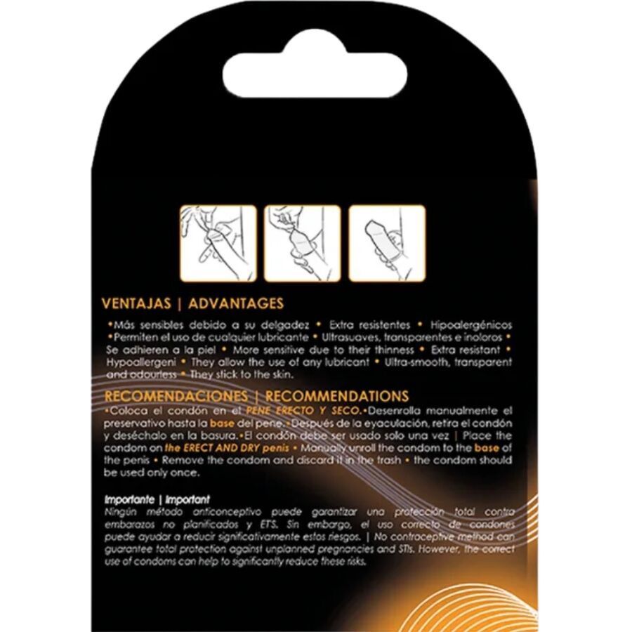 Verpackung mit Produktinformationen. Text in Spanisch und Englisch. Illustrationen zur Anwendung. Schwarzer Hintergrund mit orangefarbenen Akzenten.